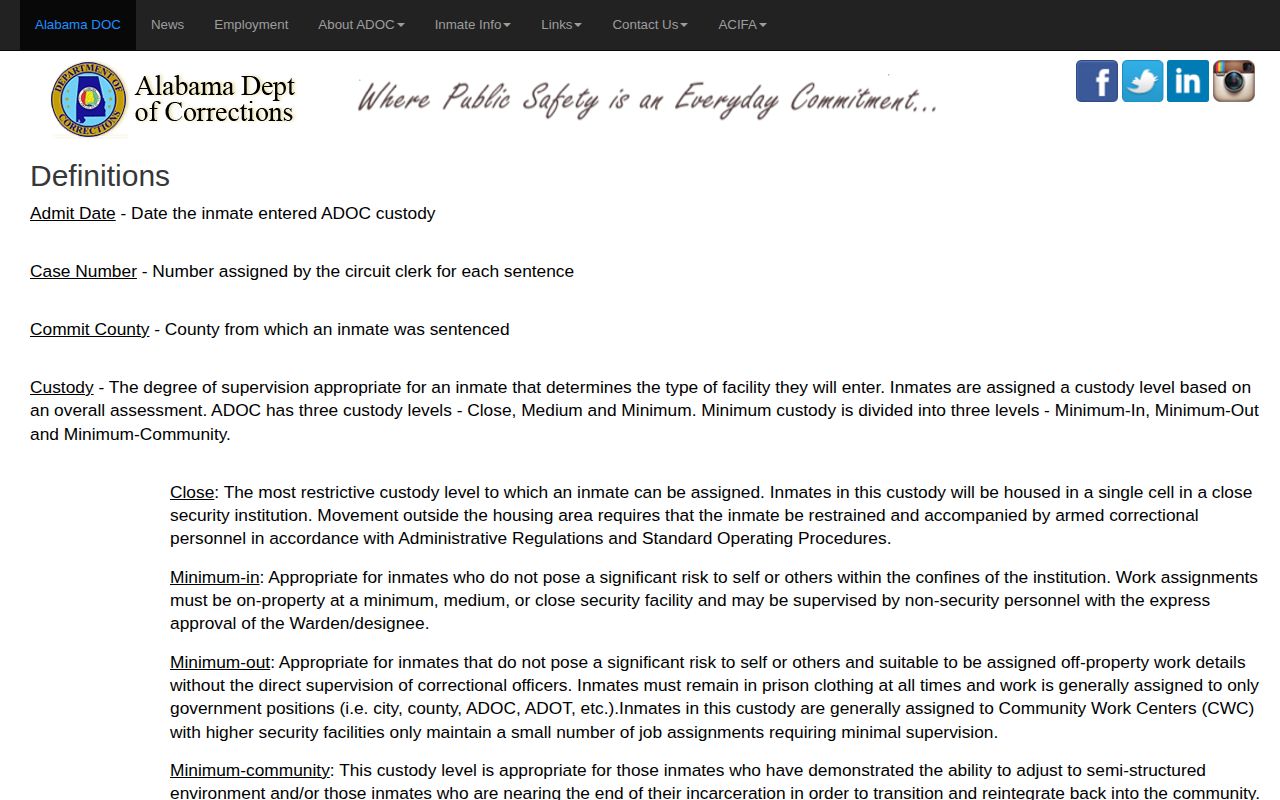 Cleburne County projected release date ADOC definitions fields
