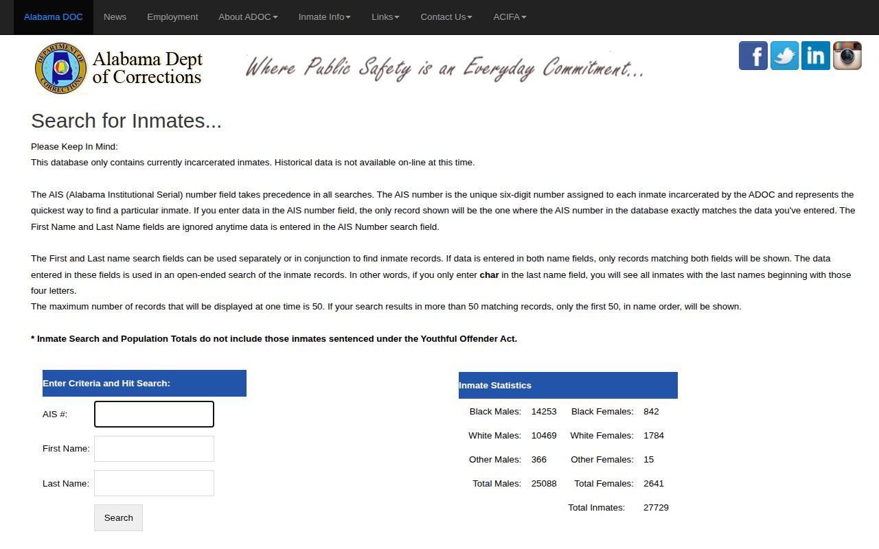 Alabama Department of Corrections inmate search page